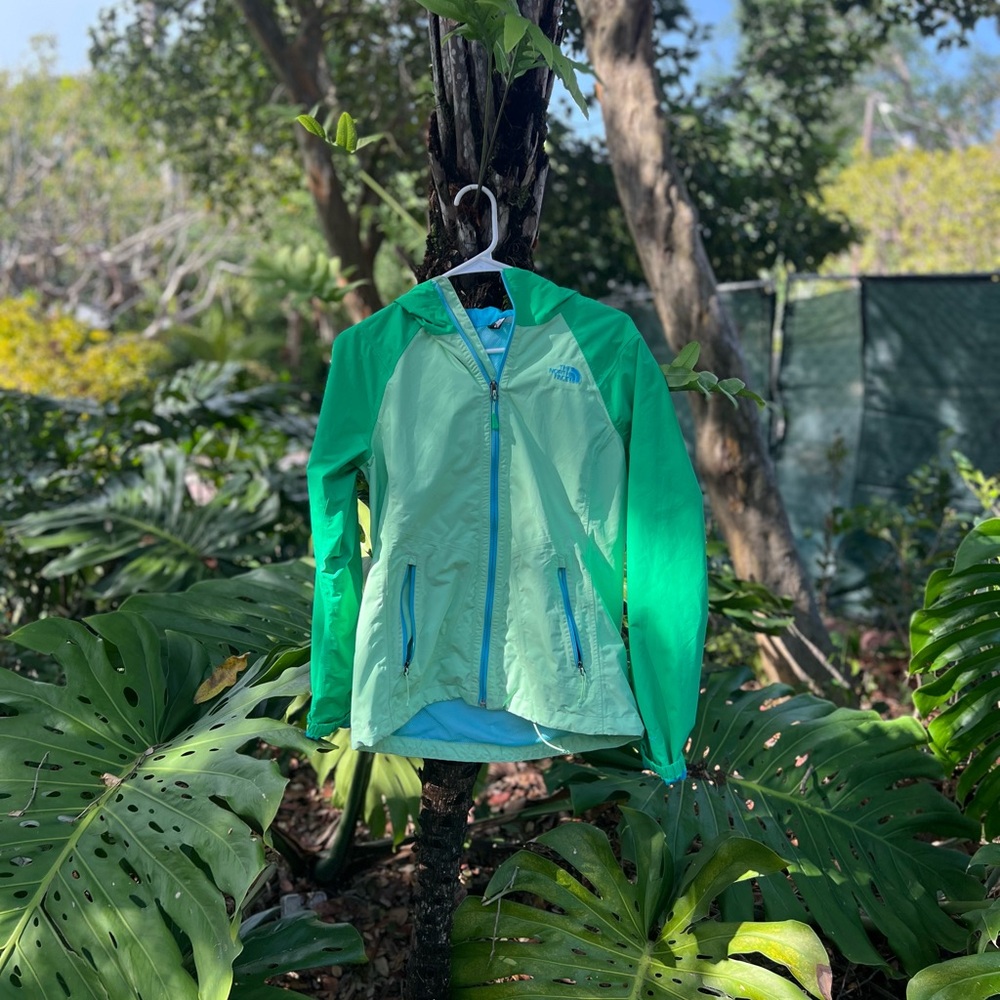 North Face Green and Blue Color-block Rain Jacket